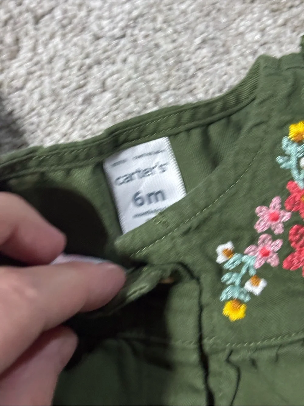 Carters Olive Green Floral-Embroidered Baby Romper 6M